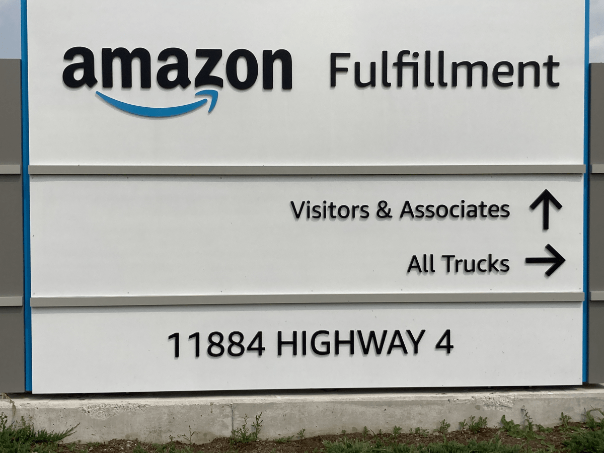 A close-up of a sign for an Amazon fulfillment centre.