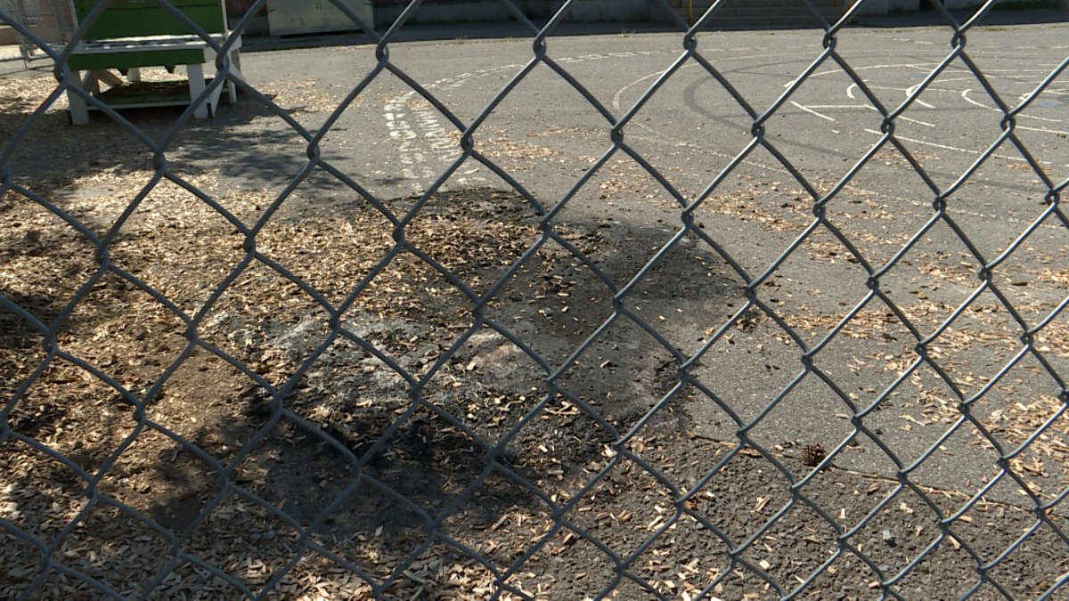 Although the play houses have since been removed, this image shows how the fire also caused damage to the pavement underneath. 