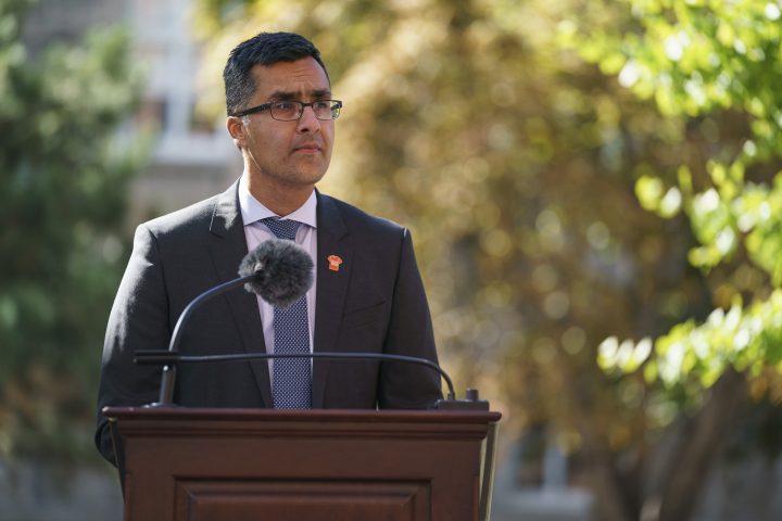 Dr. Adil Shamji speaks at a ceremony for the unveiling of the Platinum Jubilee Garden at Queen's Park, in Toronto, on Friday, Sept. 30, 2022. 