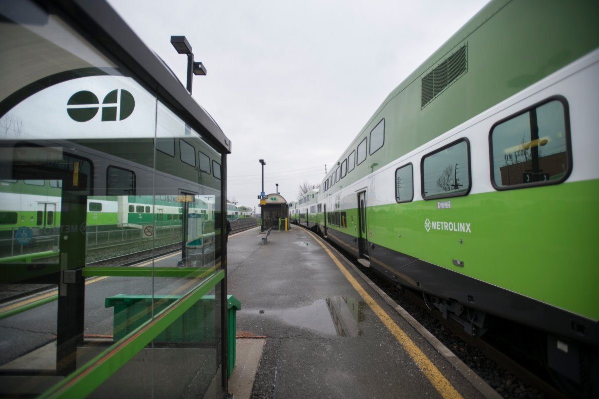 File photo. A GO train moves past cars parked in reserved spots at the Mimico GO station on Jan 14 2020.
