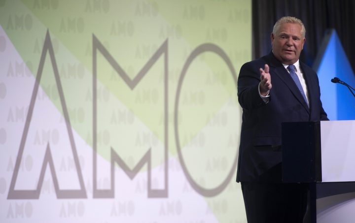 Ontario Premier Doug Ford speaks at the Associations of Municipalities Ontario conference in Ottawa, Monday, August 19, 2019. 