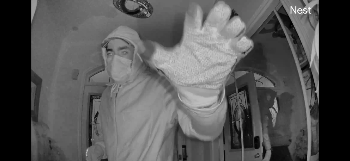 Images from the Deol family's surveillance cameras show suspects breaking through their front door during a home invasion.