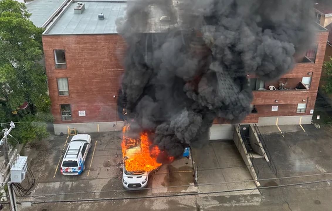 An explosion was heard and car spotted on fire in an alley near 100th Avenue and 112th Street in downtown Edmonton on Thursday, Aug. 31, 2023.
