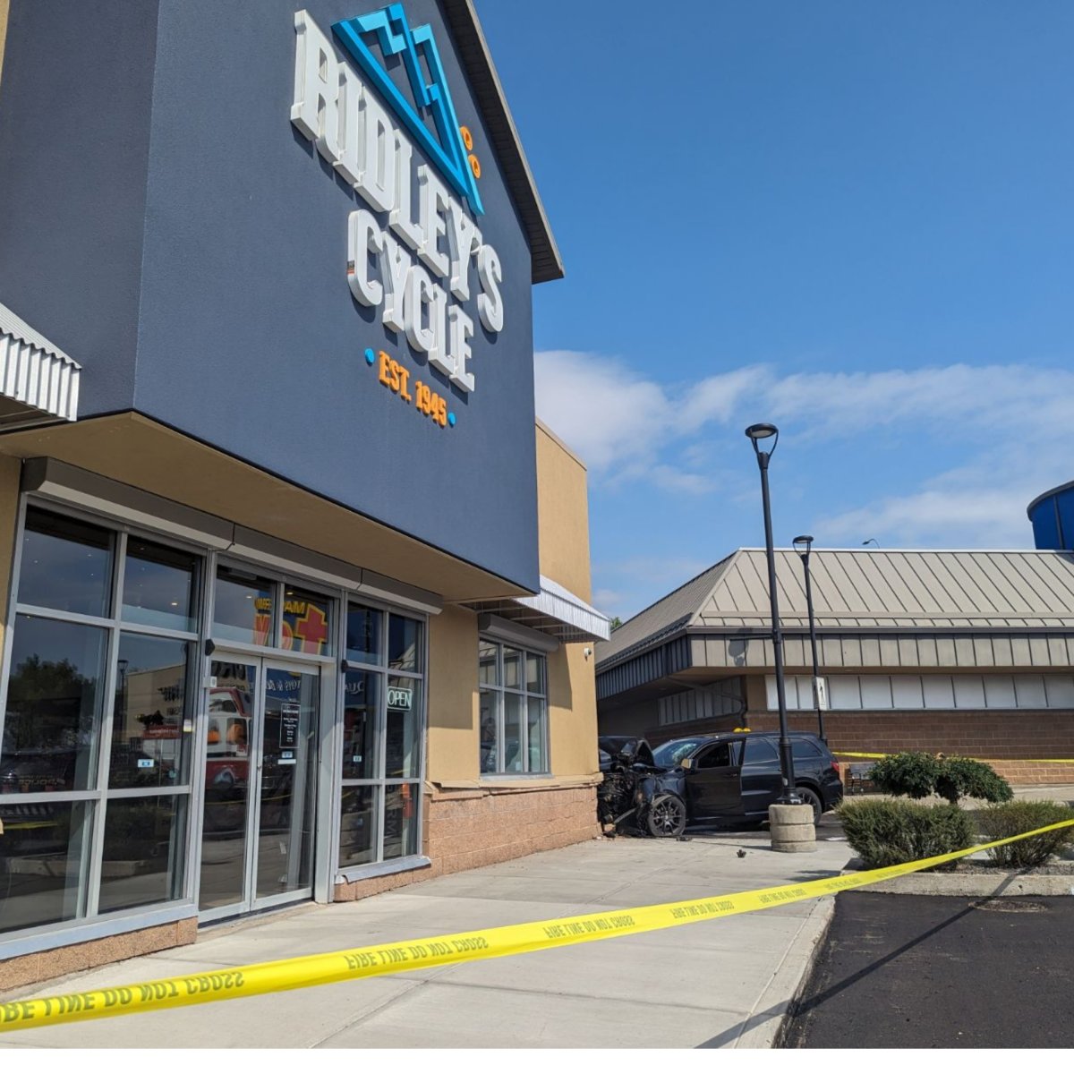 One person was taken to hospital after an SUV crashed into the exterior of the Ridley's Cycle location in the Westhills Towne Centre Tuesday morning.