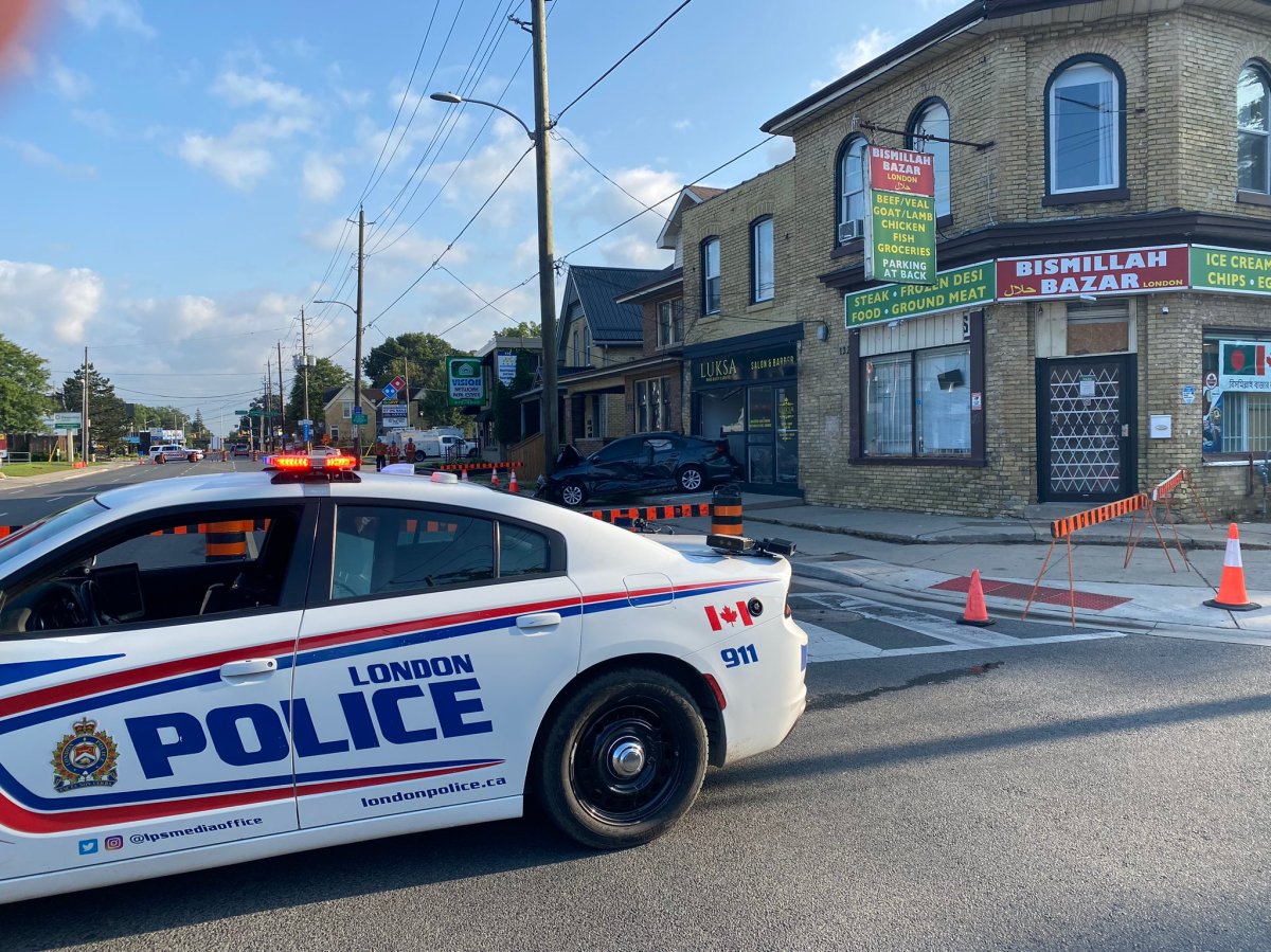 Emergency crews remain on scene of a collision that ruptured a gas line in a home near Wharncliffe Road South and Byron Avenue East in London, Ont.