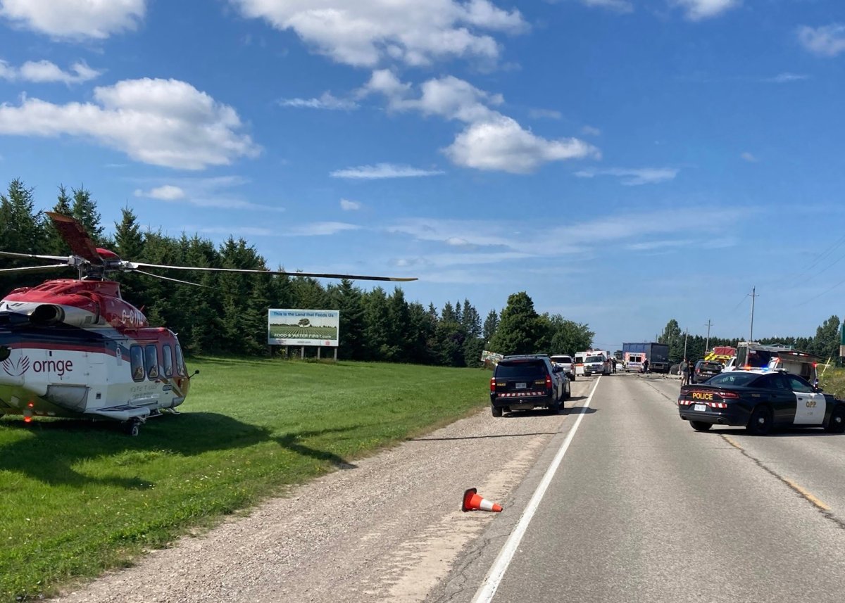 On Tuesday, Aug. 22, 2023, at approximately 3:10 p.m., officers attended County Road 124 and south of 20th Sideroad in Melancthon for the report of a serious collision involving seven vehicles, one of them a transport truck.