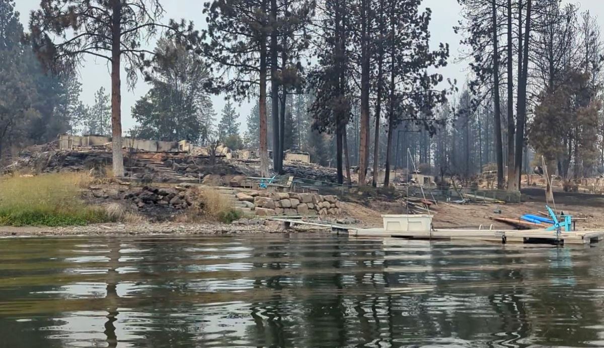 A screenshot of three houses destroyed by the Gray fire in eastern Washington state.