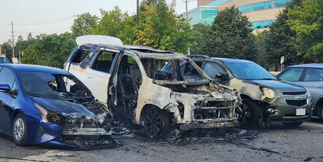 Guelph police say three vehicles were set on fire at a Stone Road parking lot on Wednesday, including one fully engulfed in flames. The cause of the blaze is under investigation. The cause of the blaze is under investigation.