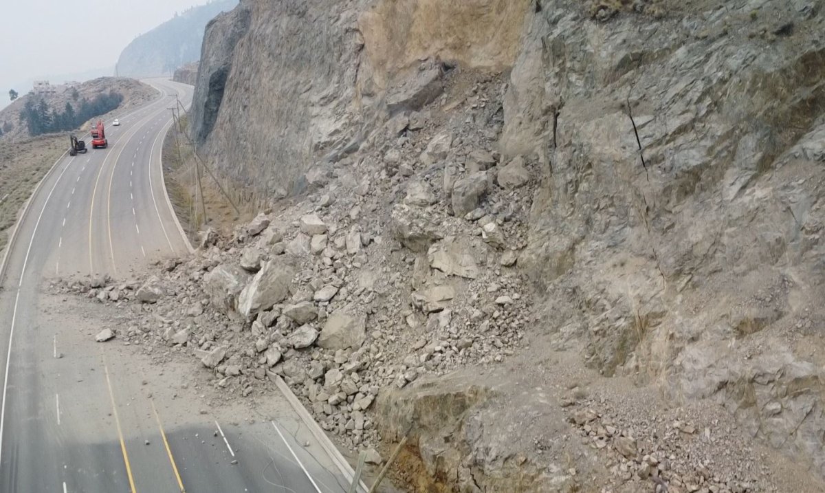 FILE. A drone view of the rockslide covering part of Highway 97 north of Summerland, B.C.