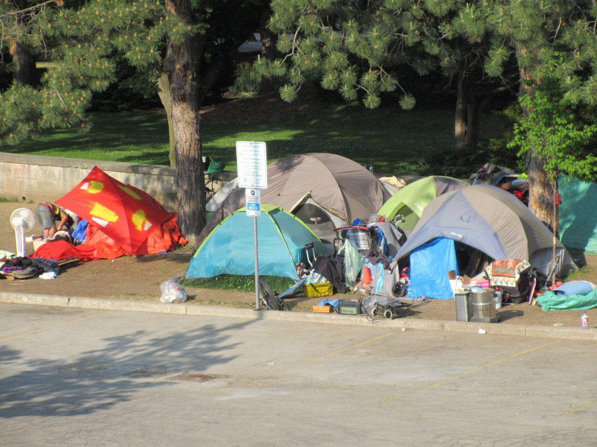 A picture from June 1, 2023 of the so-called 'Whitehern' encampment near city hall in Hamilton.