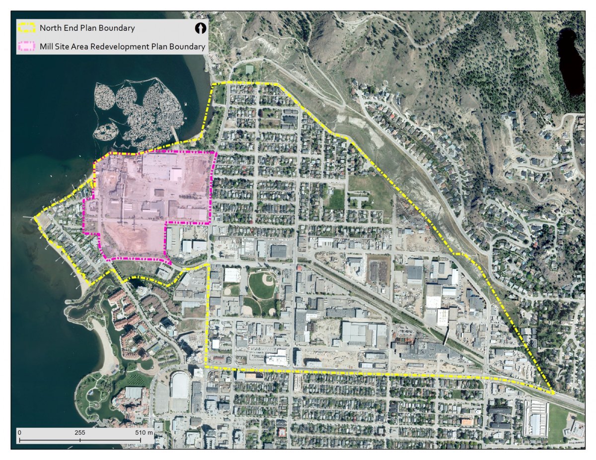 A map showing the boundaries of Kelowna's North End neighbourhood (in yellow) plus the 16-hectare property of the former lumber mill.