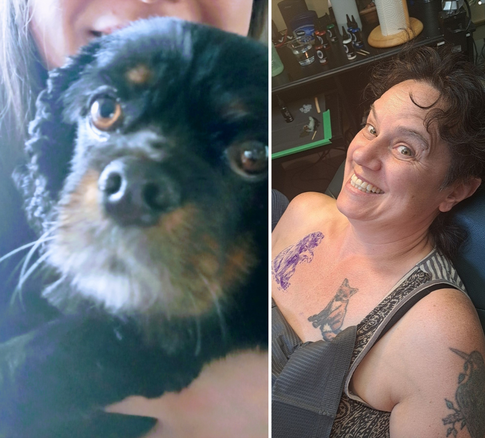 A picture of Lizann Hirsche with some of her tattoos is shown next to a picture of her dog Remi, who travelled with her to the Othello Tunnels in July.