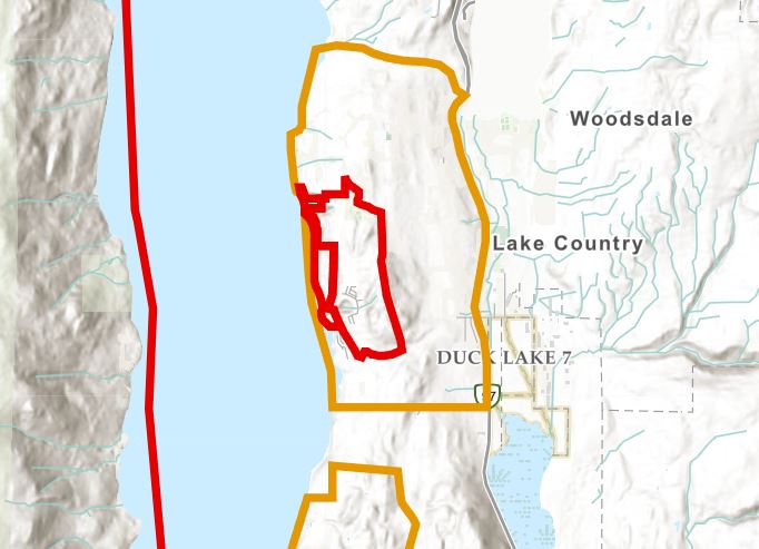 A map of Lake Country in the Central Okanagan showing areas in red under evacuation orders and areas in yellow under evacuation alert.