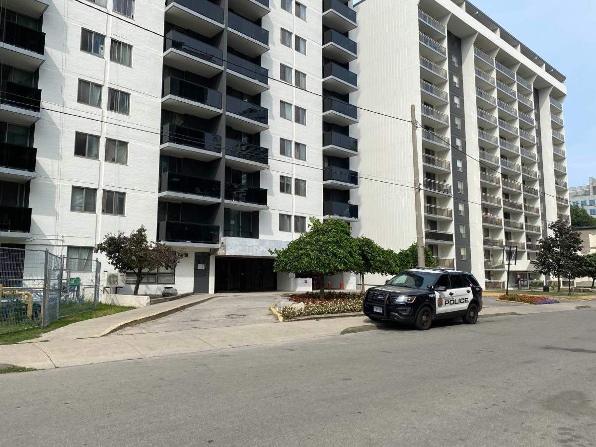 Hamilton police cruiser on location at 160 Market Street following an alleged home invasion episode July 26, 2023 at an apartment complex. 