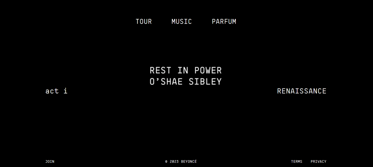 A screenshot of Beyoncé's website. The text reads, "Rest in Power O'Shae Sibley."