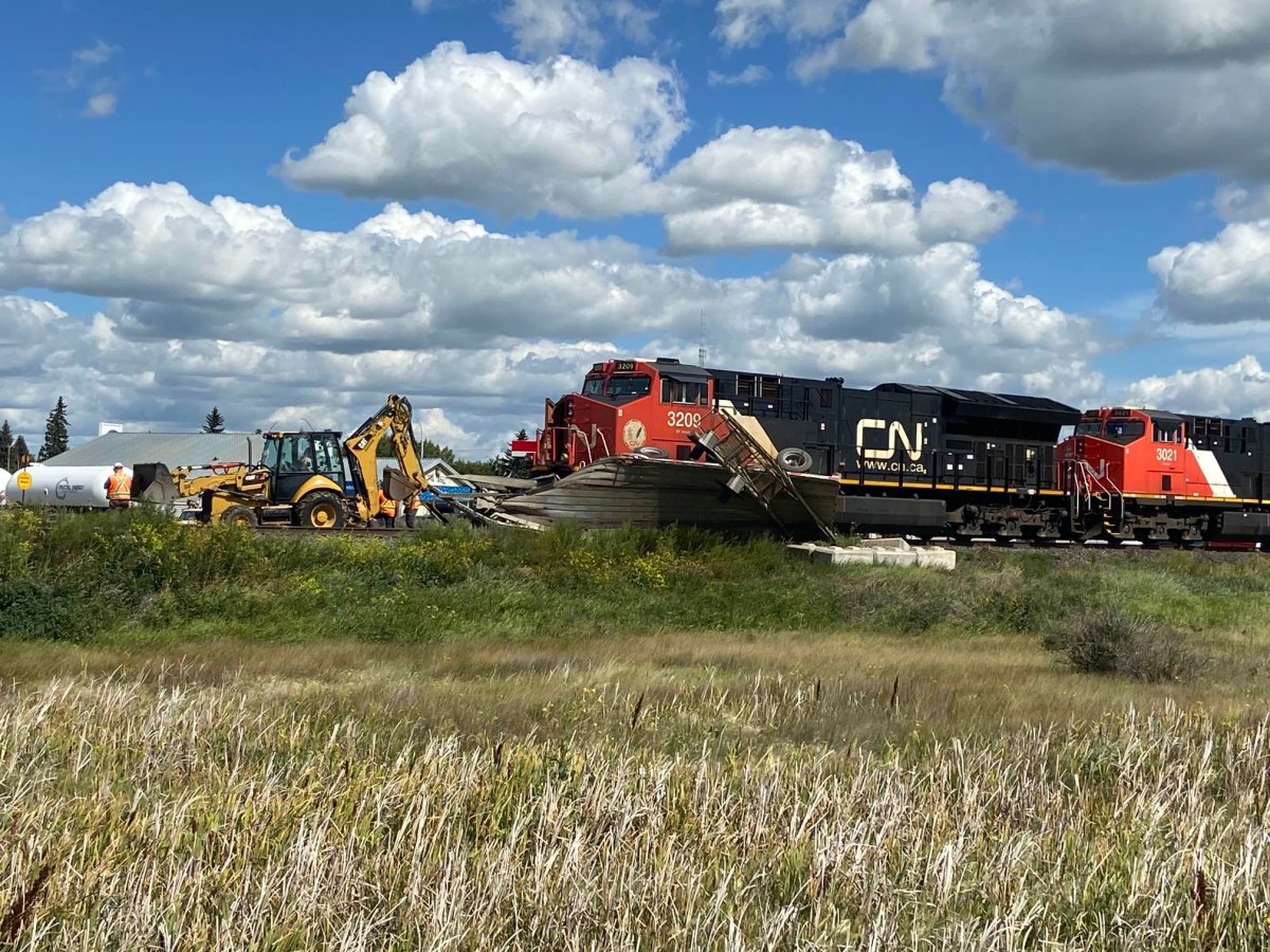 A CN train collided with a semi truck in Viking, Alta., on Thursday, Aug. 10 , 2023.