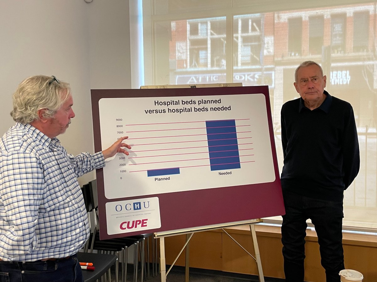 Doug Allan, a CUPE hospital researcher, and Michael Hurley, president of the OCHU, present information about hospital staffing at the London Public Library on August 11, 2023.