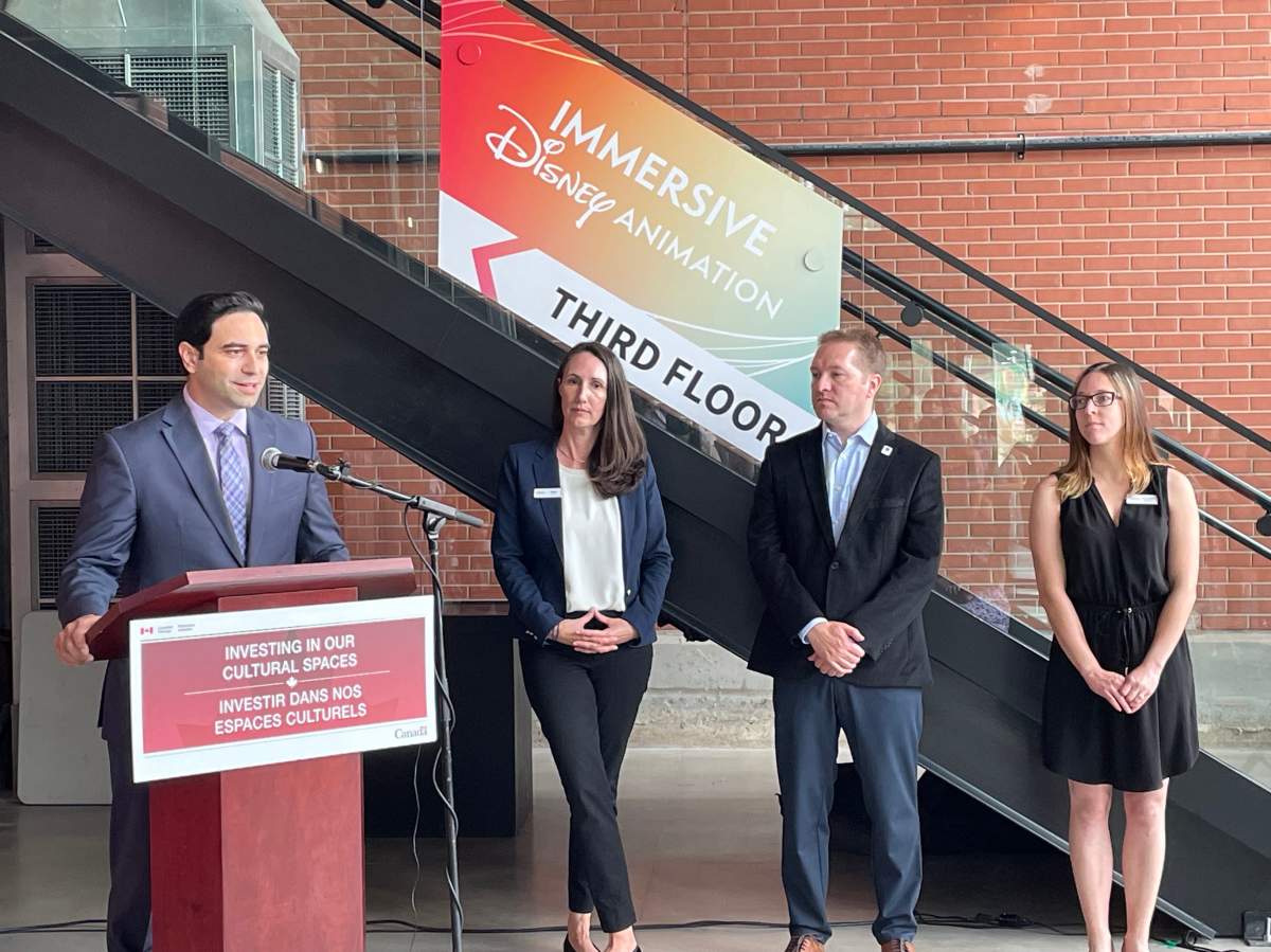 London North Centre MP Peter Fragiskatos speaks at 100 Kellog Lane as London Children's Museum executive director Kate Ledgley, Mayor Josh Morgan and London Children's Museum board of directors chair Emily Schinbein listen on Aug. 17, 2023.
