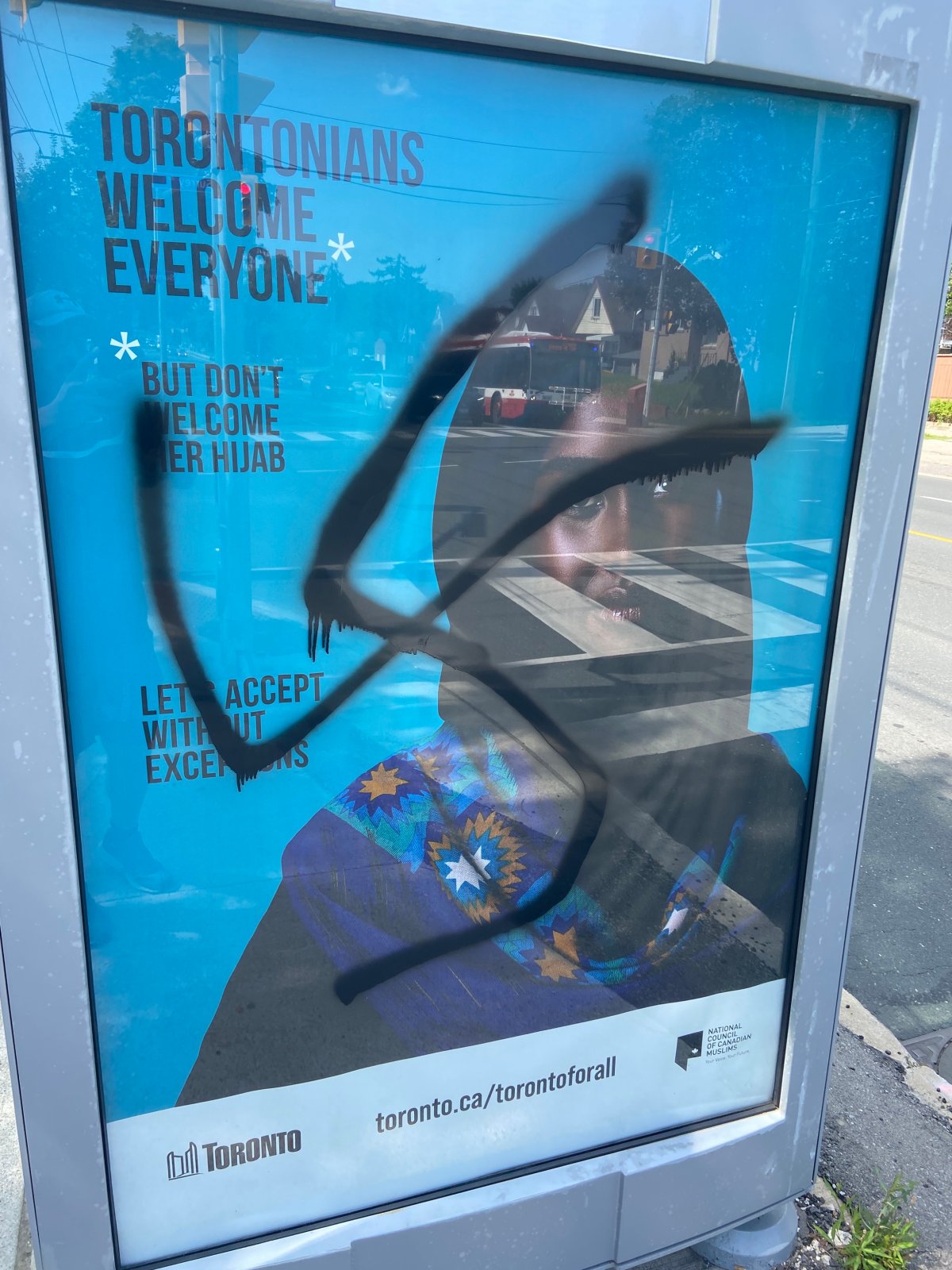 This Scarborough bus shelter was defaced with a swastika. 