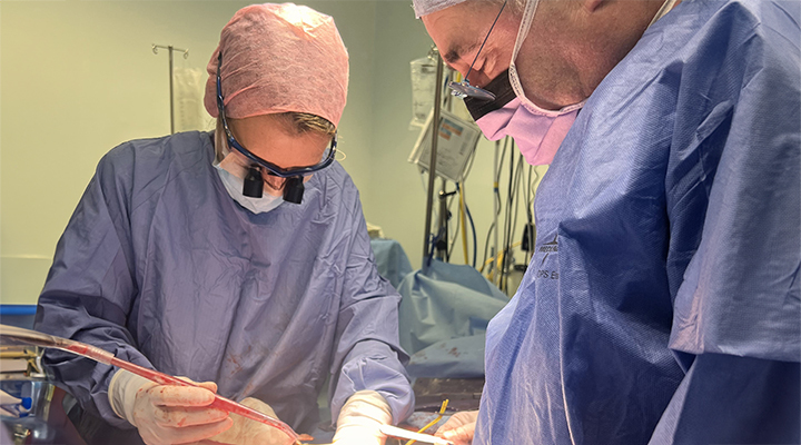Two surgeons in scrubs, goggles, masks and hairnets as they operate.