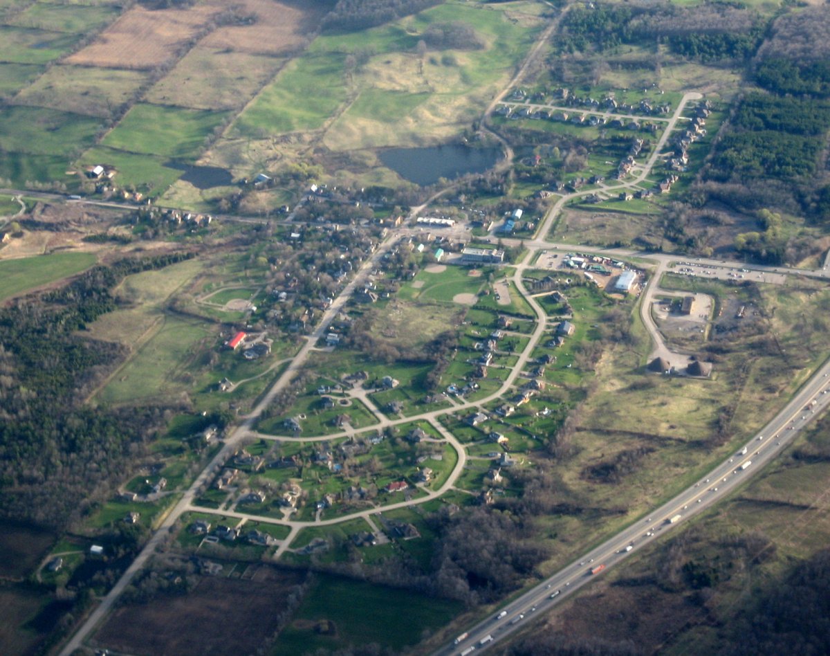 An aerial view of a town.