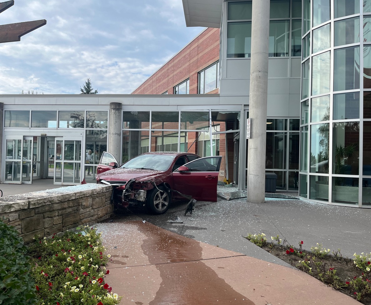 A car crashed through the front entrance of Northumberland Hills Hospital in Cobourg, Ont., on Aug. 15, 2023.