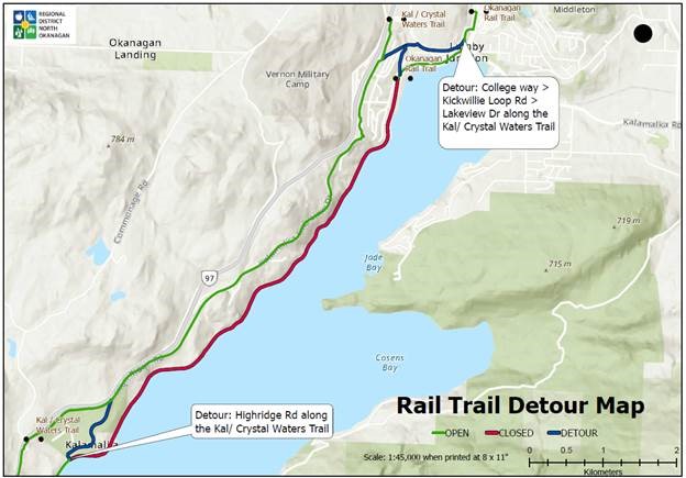 A map showing the location of the Okanagan Rail Trail closure.