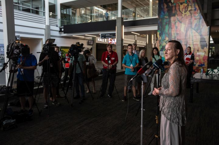 Premier of the Northwest Territories Caroline Cochrane, speaks on the wildfire situation after visiting evacuees in Edmonton Alberta, on Wednesday August 30, 2023.