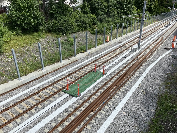 The REM rails at Canora station where a fire was deliberately set. Tuesday, Aug. 8, 2023. Karol Dahl/Global News