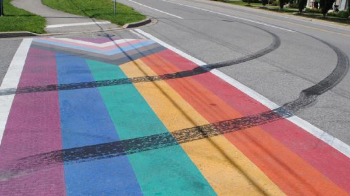 Police are seeking at least one suspect after a rainbow crosswalk was defaced July 31, 2023 in Niagara-on-the-Lake.