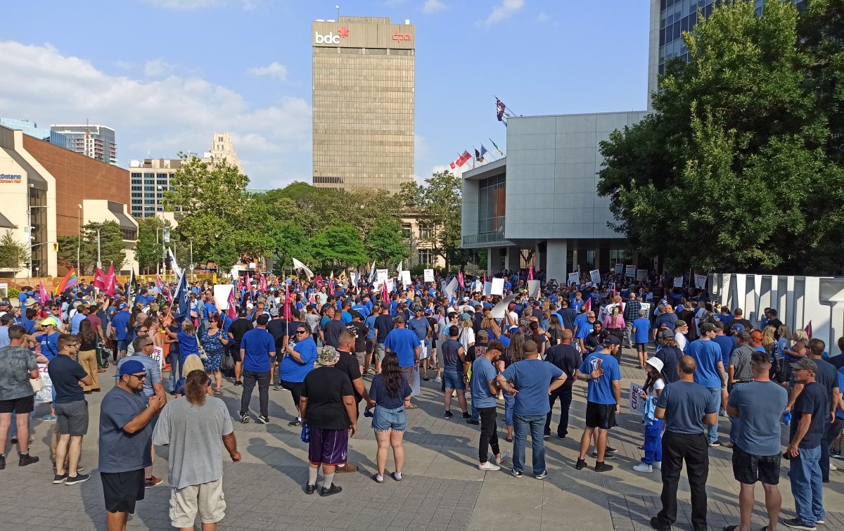Hundreds of municipal workers rally in the city hall forecourt in Hamilton, Ont. August 16, 2023. Close to 3,000 of some 8,500 could be on strike as midnight August 21.