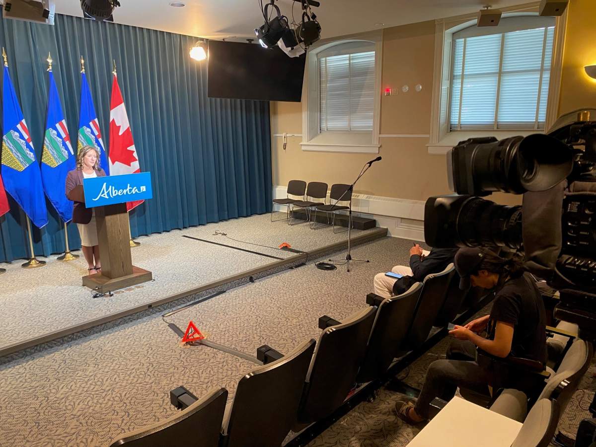 Environment and Protected Areas Minister Rebecca Schulz speaks to reporters on Aug. 10, 2023.