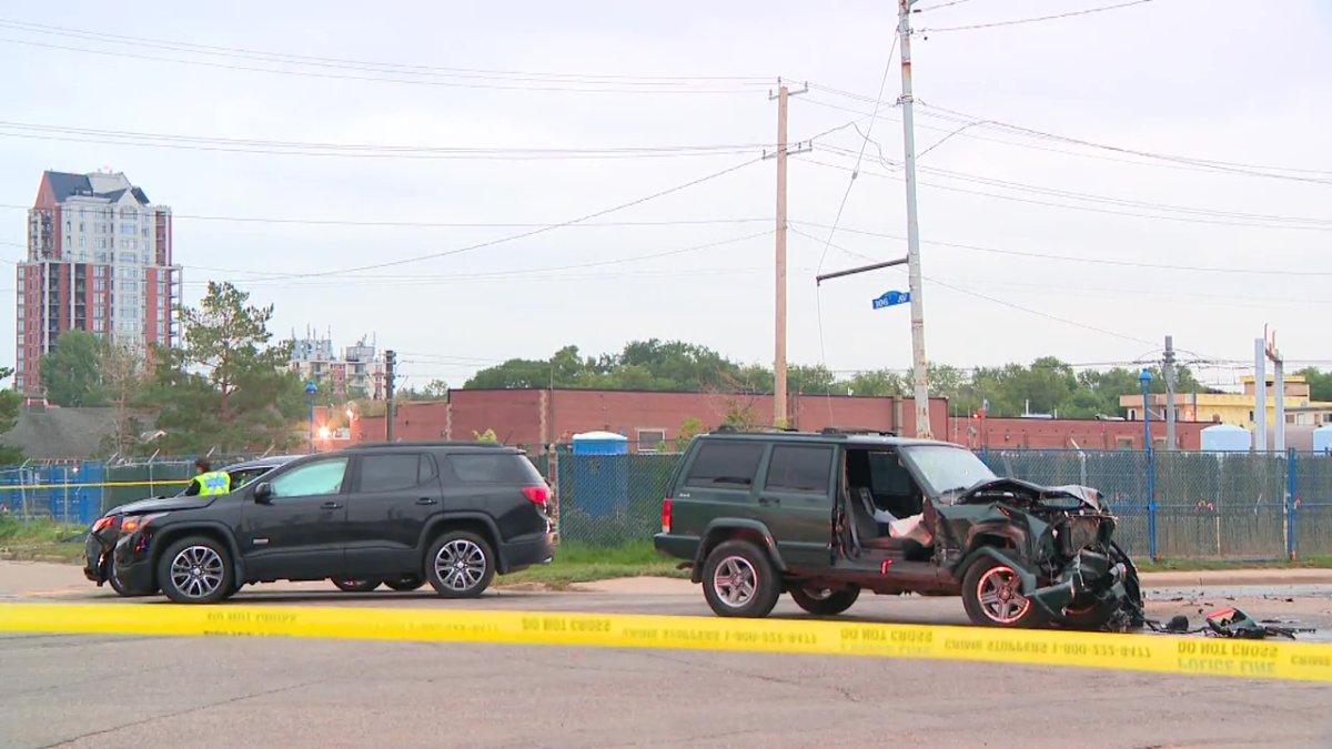 A stolen Jeep Cherokee collided with two other vehicles at 95th Street and 106th Avenue on Tuesday, August 22, 2023.
