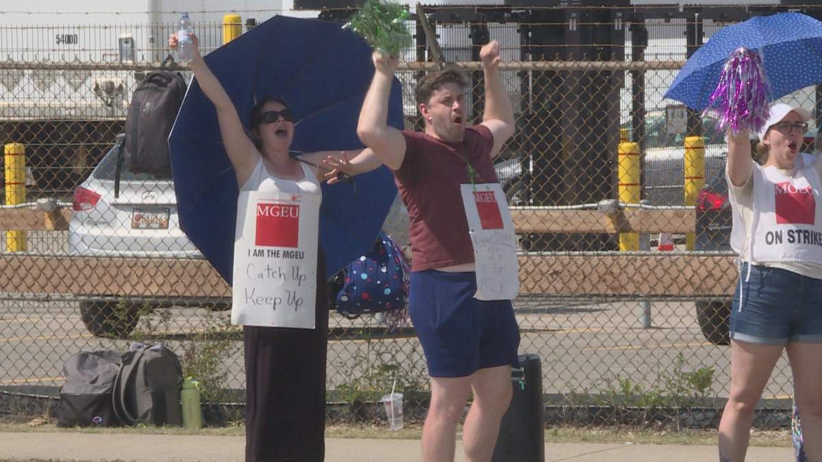 Manitoba Liquor & Lotteries employees strike outside the distribution centre at 1000 King Edward St. on Wednesday, August 2, 2023. MGEU president Kyle Ross criticizes MBLL’s move to hire replacement staff there. “It’s really unfortunate when you hire replacement workers in a job action. It extends the job action … and that just hurts our workers, hurts Manitobans, and really hurts the employer because it takes more time to get this resolved,” Ross says.