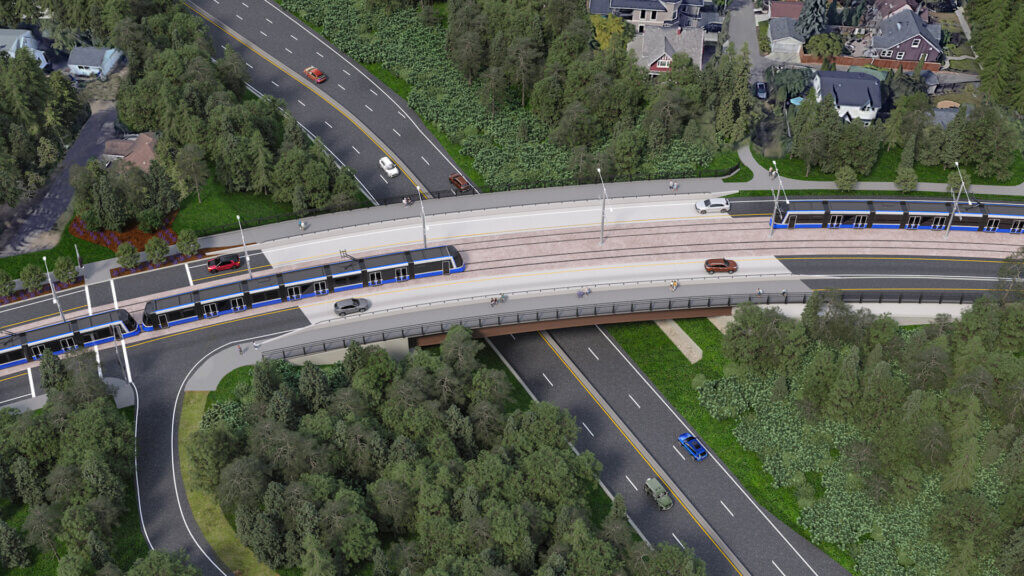 Rendering of the Stony Plain Road bridge over Groat Road with the Valley Line West running across it.