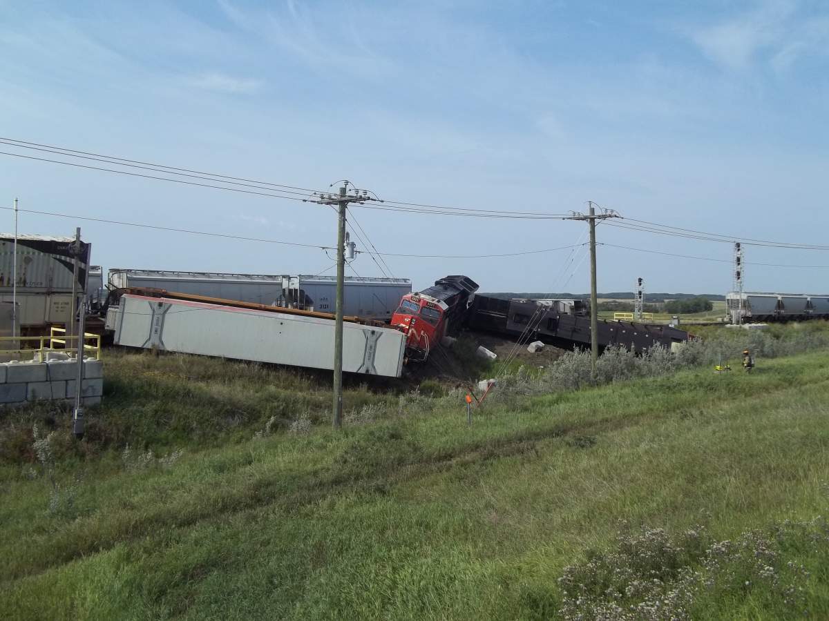 Emergency crews were called to a train derailment west of Wainwright, Alta., on Aug. 8, 2023.