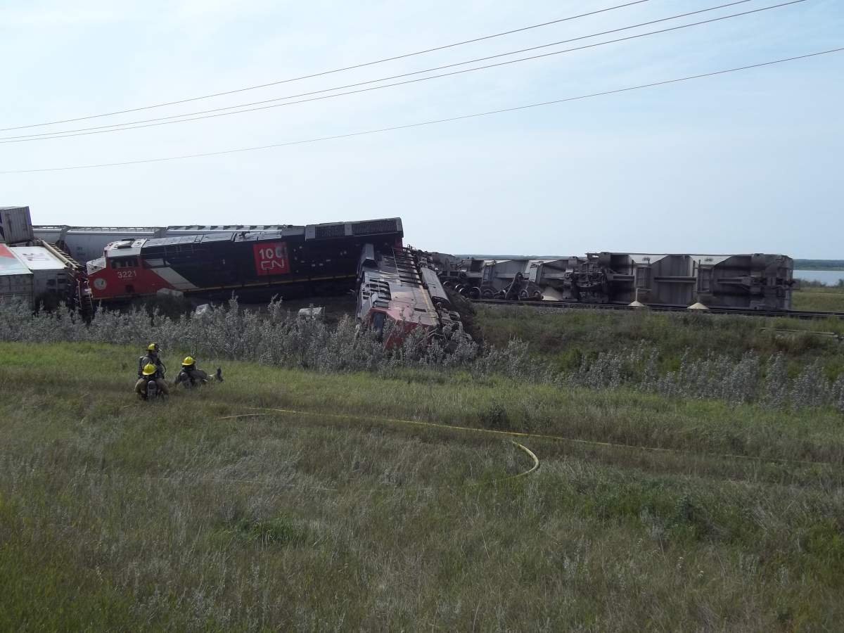 Emergency crews were called to a train derailment west of Wainwright, Alta., on Aug. 8, 2023.