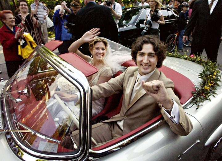 Justin Trudeau and Sophie Gregoire Trudeau ride in a car on their wedding day in May 2005.