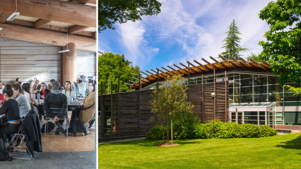 Collage, left = students sitting at tables in a large room, right = outside of the UBC Longhouse