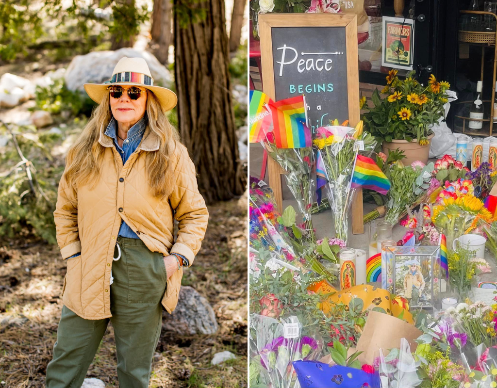 Photo of Laura Ann Carleton, 66, alongside a picture of the outside of Mag.Pi, the clothing store she owned and operated, where community members have been leaving bouquets in the wake of her death. Carleton was killed by a gunman on August 18, 2023 in a dispute about the Pride flags displayed outside her store.
