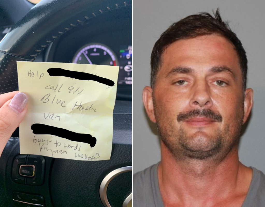 Split screen image of a note passed to a customer at a gas station in Arizona asking for help, written by a woman who was abducted on Aug. 21, 2023. On the right is a mugshot of the man charged with her abduction.