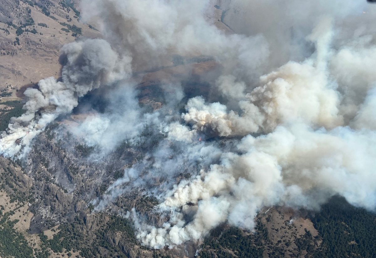 An aerial photo of the Upper Park Rill Creek wildfire that’s burning between Okanagan Falls and Keremeos in B.C.’s Southern Interior.