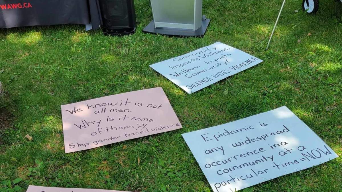 A display at Hamilton City Hall on July 7, 2023 from Hamilton WAWG – a coalition of community agencies working to end violence against women and children.