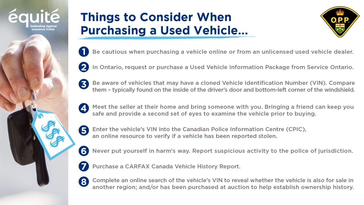 A list of things to consider when purchasing a used vehicle according to Équité Association.