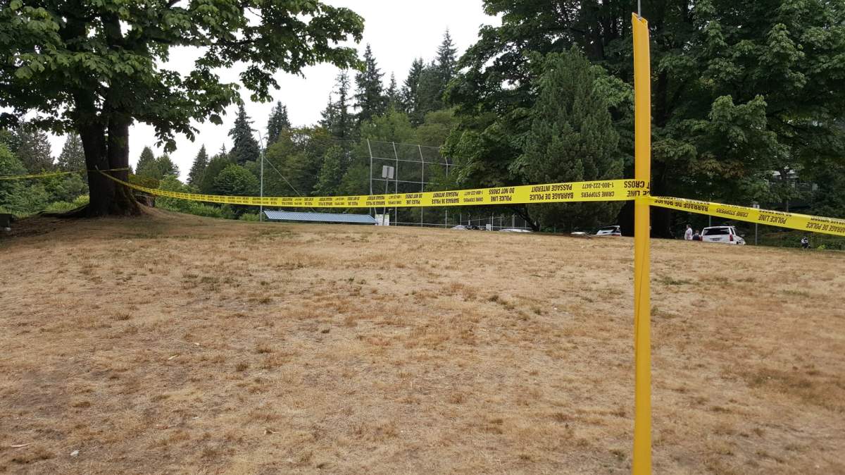 Crime scene tape up at Brookmere Park in Coquitlam after an altercation early Saturday.