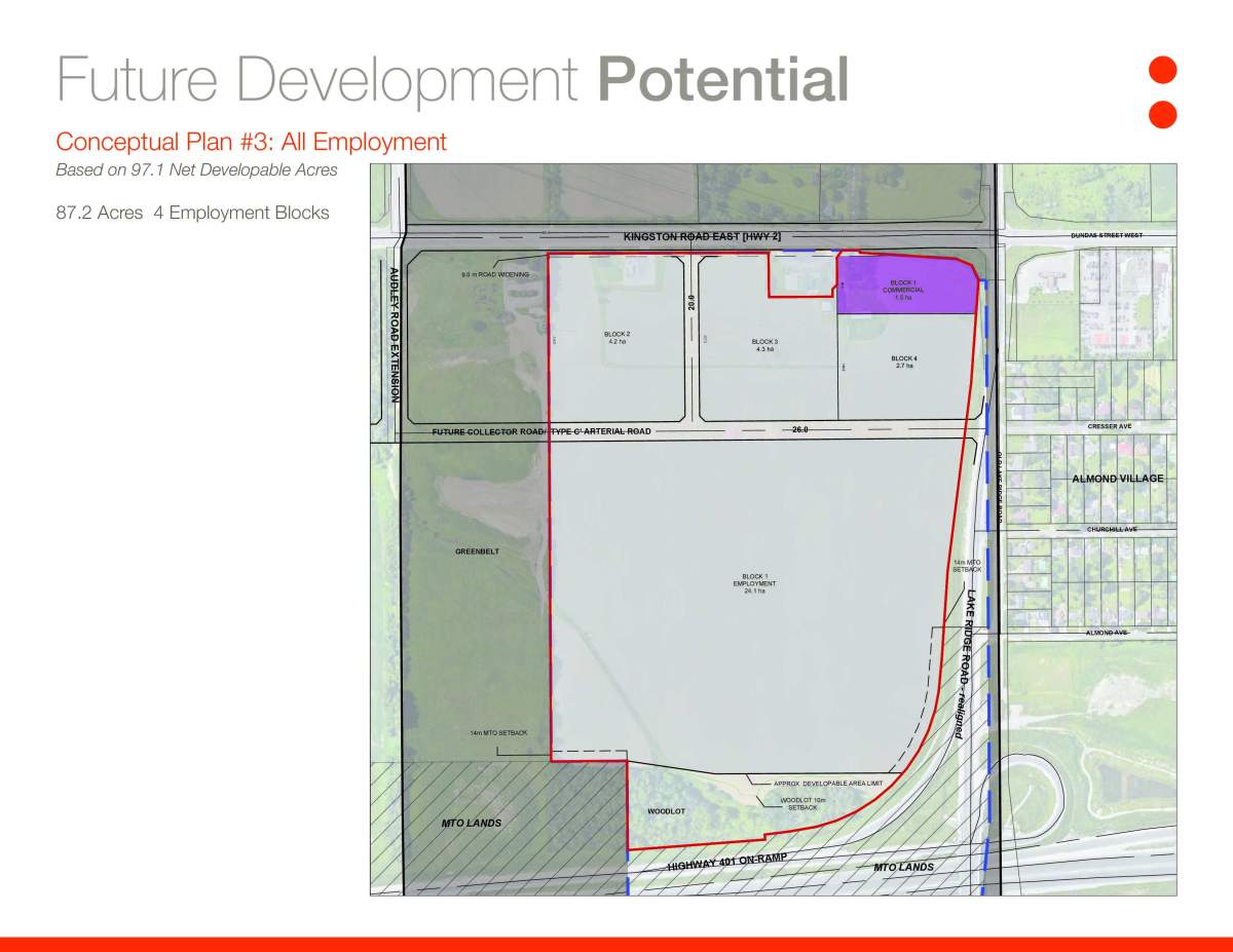 One conceptual plan for the property at 775 Kingston Rd. involved building four employment blocks instead of housing.