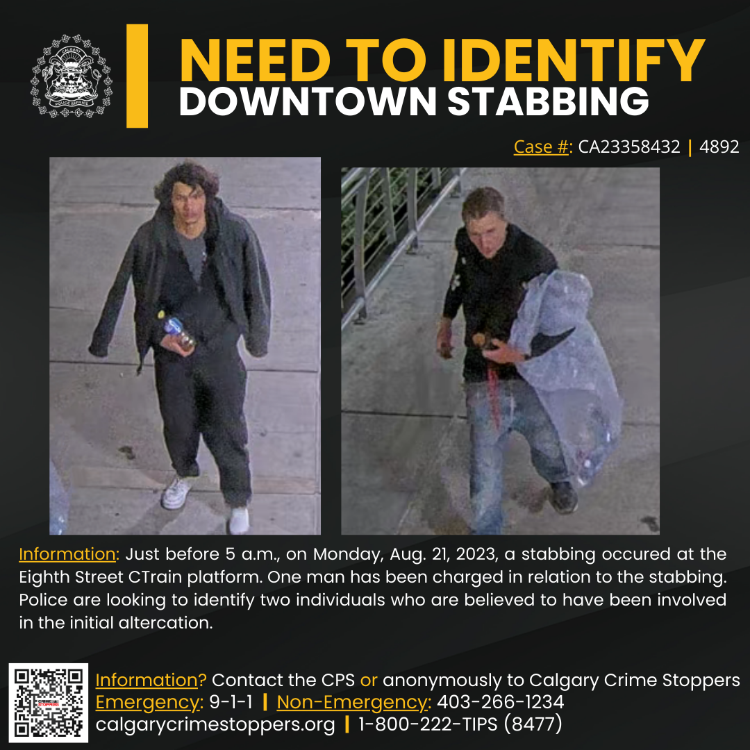 The two suspects police are searching for in relation to a stabbing on Aug. 21, 2023.