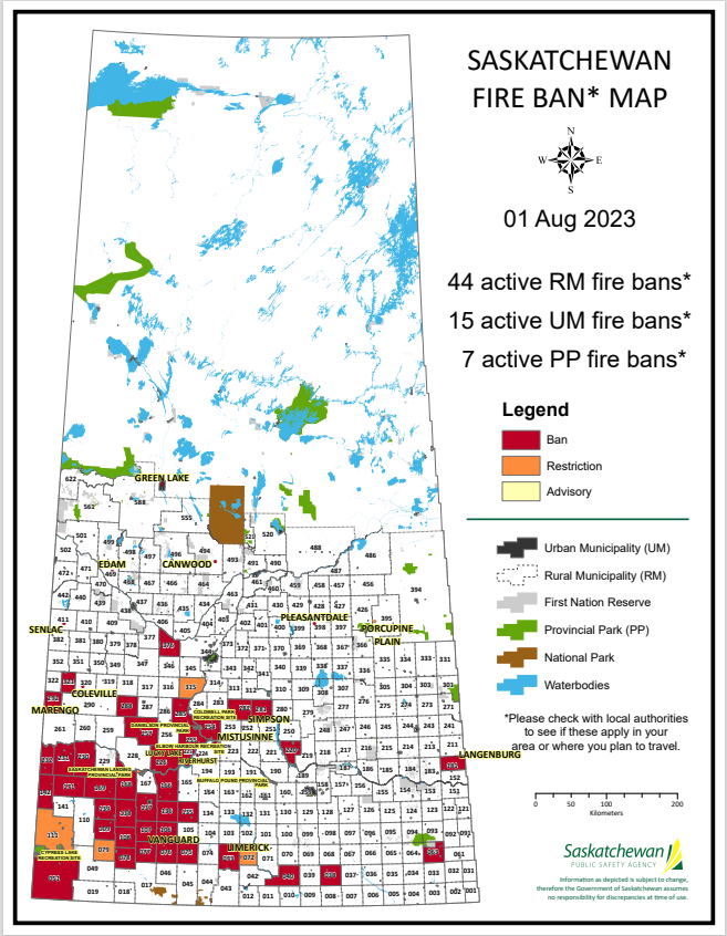 A map of the fire bans in place across Saskatchewan as of August 1, 2023. 
