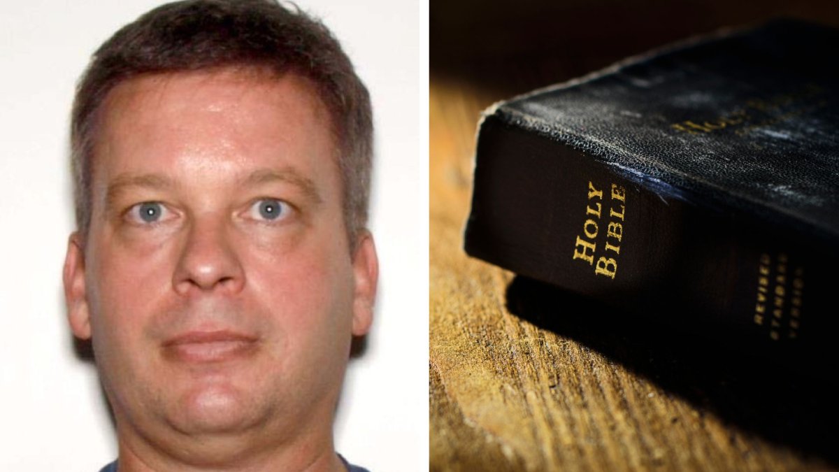 A split image. On the left is Jason Gerald Shenk. On the right is a Holy Bible.