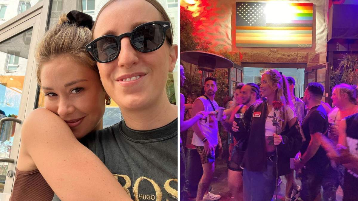 A split image. On the left is Gabby Windey and Robby Hoffman. On the right Windey stands in front of a rainbow coloured U.S. flag. She is holding a drink and a red rose.